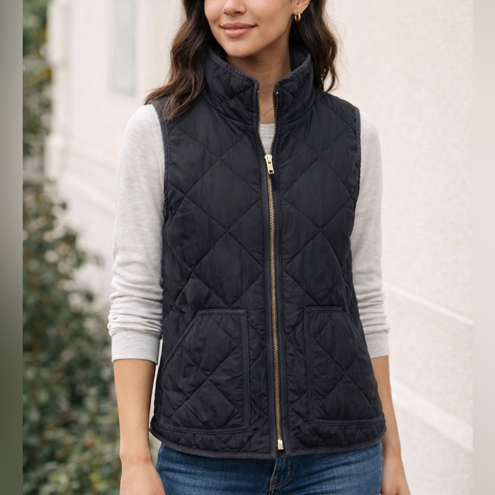J. Crew Merchantile Black Quilted Stand-Collar Vest with Gold Zipper